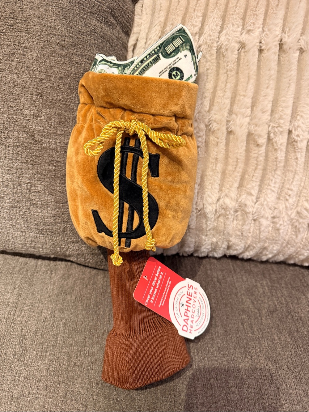 Money Bag Golf Club Headcover with Black Dollar Sign